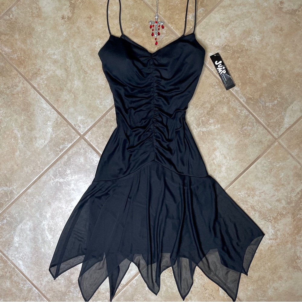 NWT Black ruched fairy whimsygoth spaghetti strap layered mesh hanky hem dress